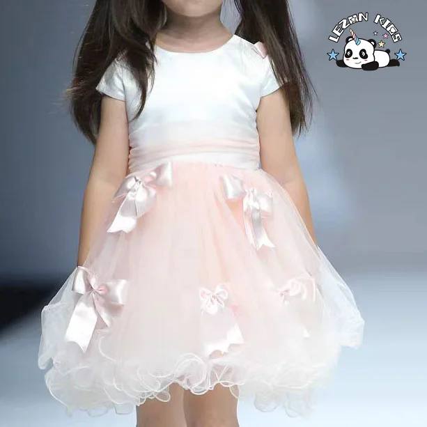 LEZONKIDS - Atacado de Novo Produto de manga curta com laços cor-de-rosa fofos, últimos vestidos tutu para meninas crianças